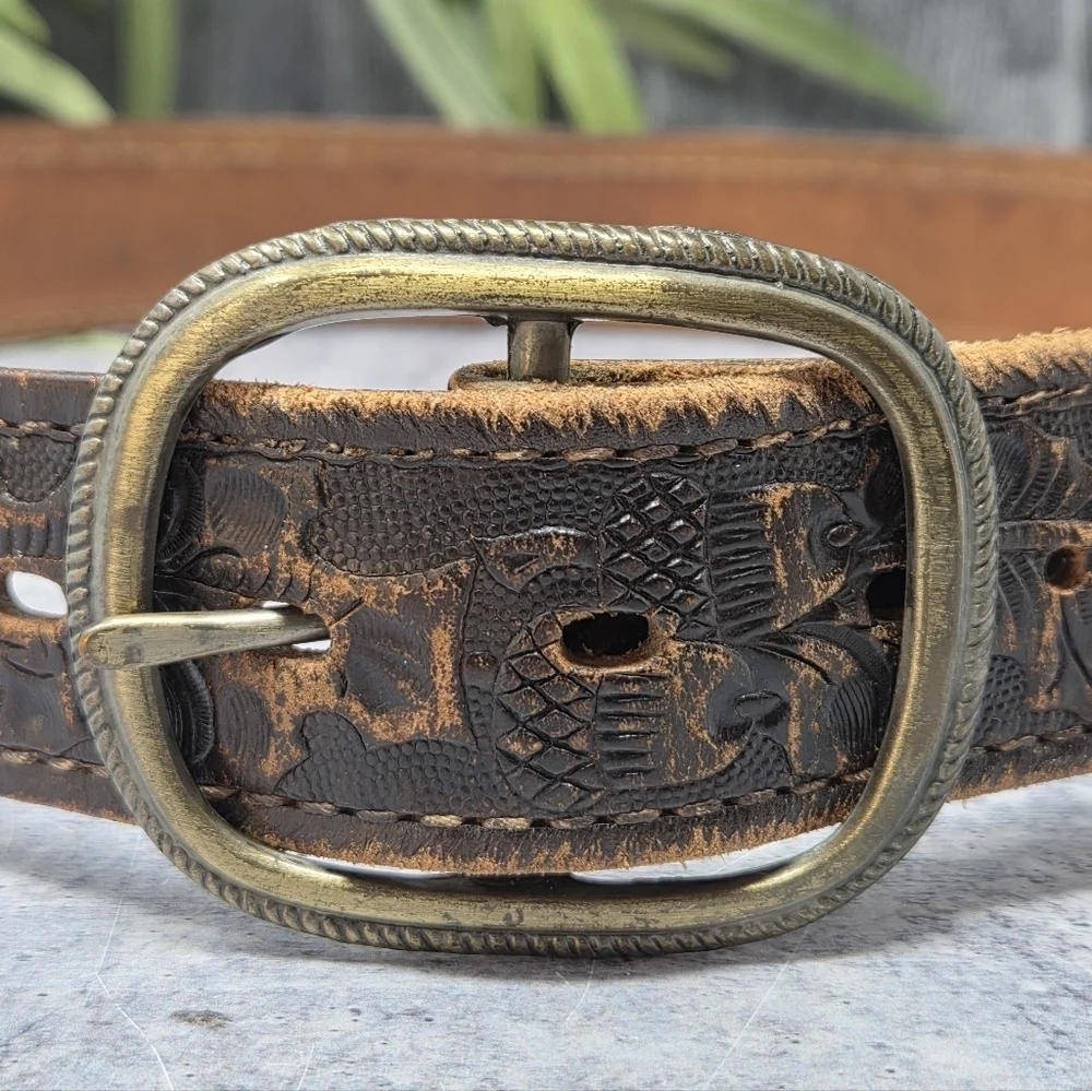 Vintage Textan Tooled Genuine Cowhide Leather Dark Brown Belt